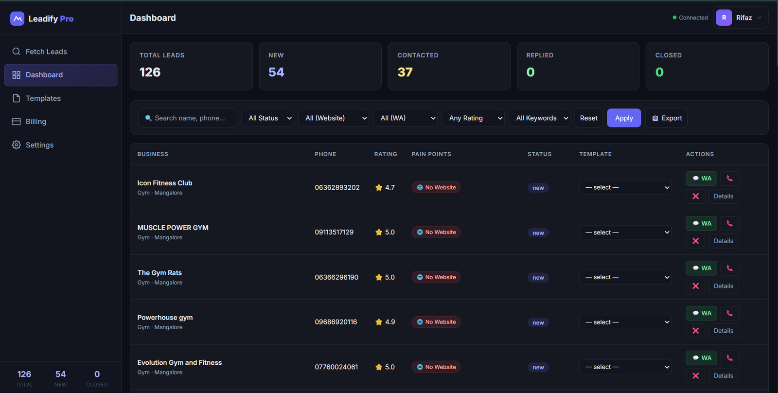 Leadify Pro Dashboard — lead management, WhatsApp outreach, CRM pipeline
